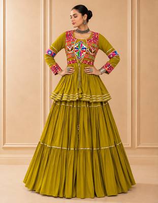 Mustard Cotton Gamthi Work Lehenga Choli with Koti 2