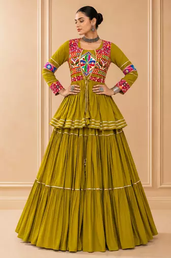 Mustard Cotton Gamthi Work Lehenga Choli with Koti