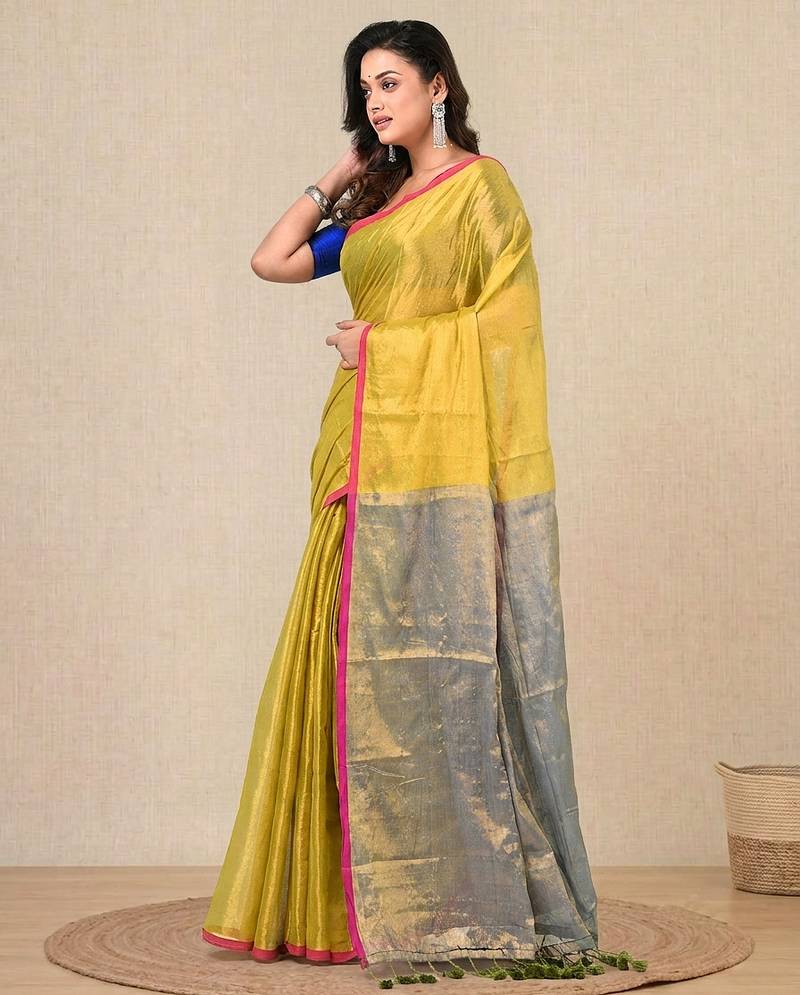 Lemon yellow solid tissue soft saree