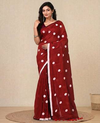 red polka dots cotton blend soft saree 1