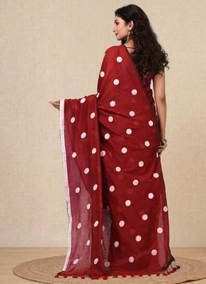 red polka dots cotton blend soft saree 3