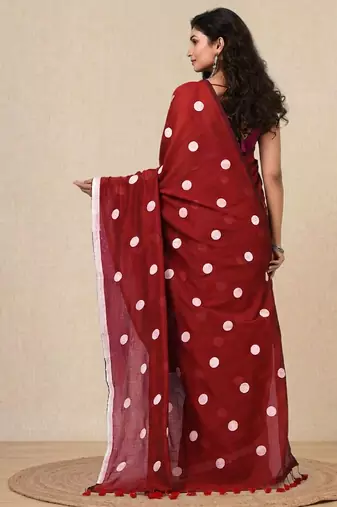 red polka dots cotton blend soft saree