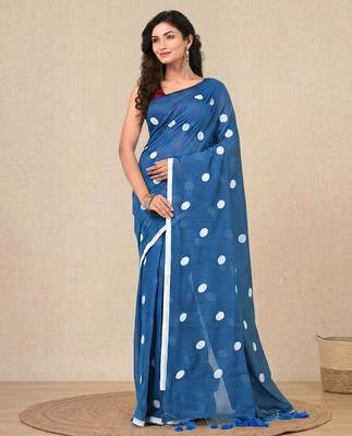 sky blue polka dots cotton blend soft saree 1
