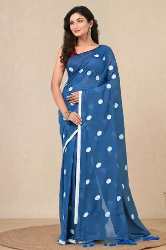 sky blue polka dots cotton blend soft saree