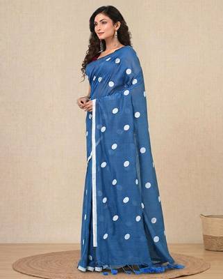sky blue polka dots cotton blend soft saree 2