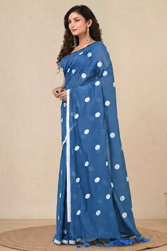 sky blue polka dots cotton blend soft saree