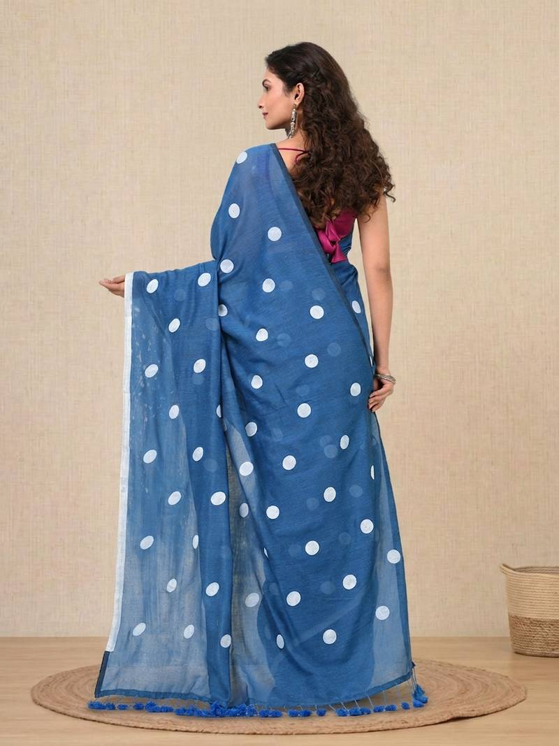 sky blue polka dots cotton blend soft saree