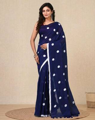 blue polka dots cotton blend soft saree 1