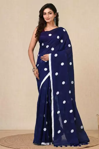 blue polka dots cotton blend soft saree