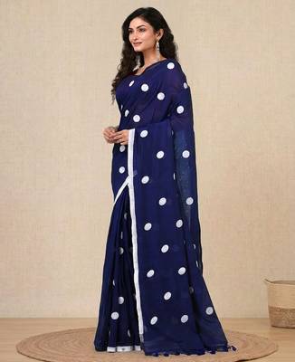 blue polka dots cotton blend soft saree 2