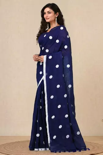 blue polka dots cotton blend soft saree