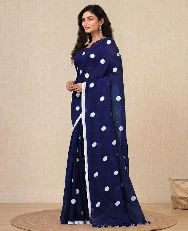 blue polka dots cotton blend soft saree