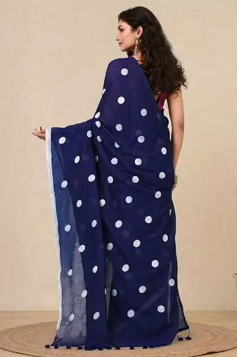 blue polka dots cotton blend soft saree
