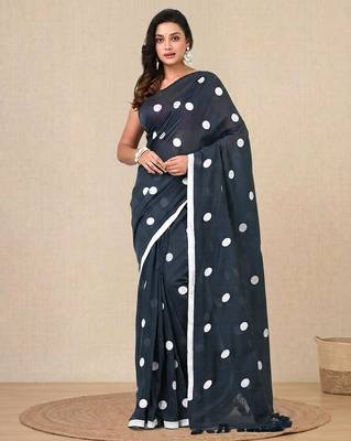 grey polka dots cotton blend soft saree 1
