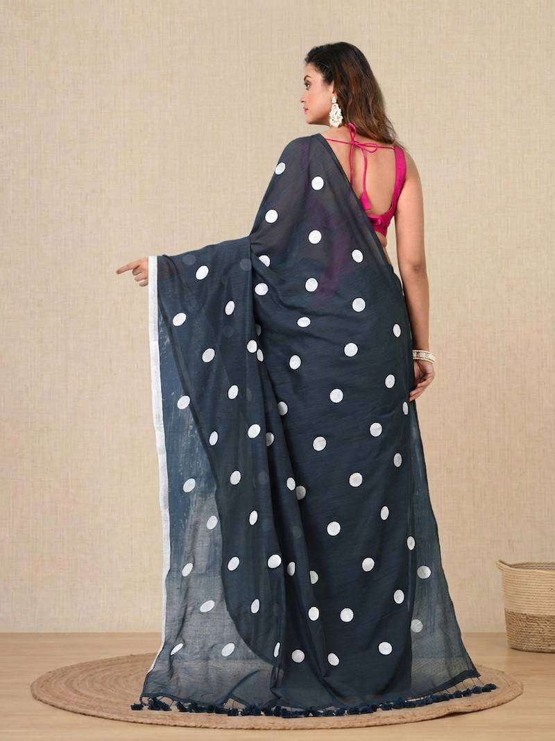 grey polka dots cotton blend soft saree