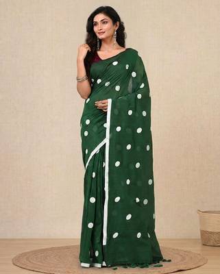 green polka dots cotton blend soft saree 1