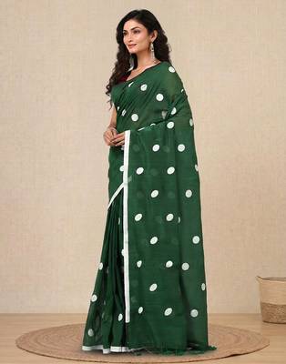 green polka dots cotton blend soft saree 2
