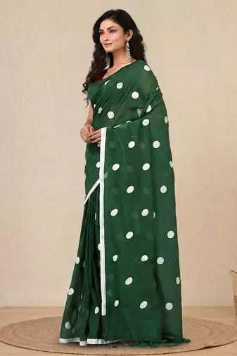 green polka dots cotton blend soft saree