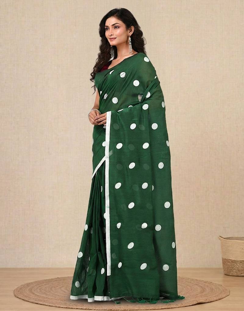 green polka dots cotton blend soft saree