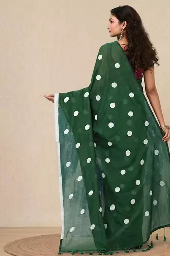 green polka dots cotton blend soft saree