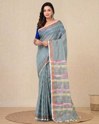 sky blue stripes cotton blend handspun soft saree 1