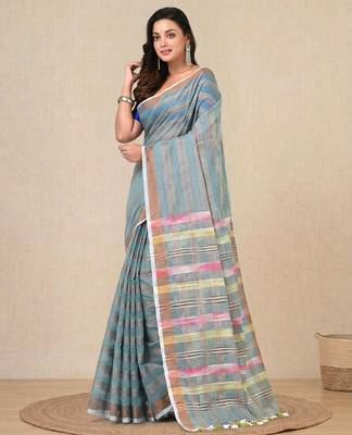 sky blue stripes cotton blend handspun soft saree 2