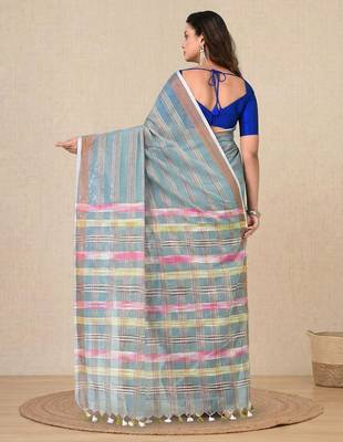 sky blue stripes cotton blend handspun soft saree 3