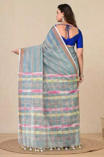 sky blue stripes cotton blend handspun soft saree