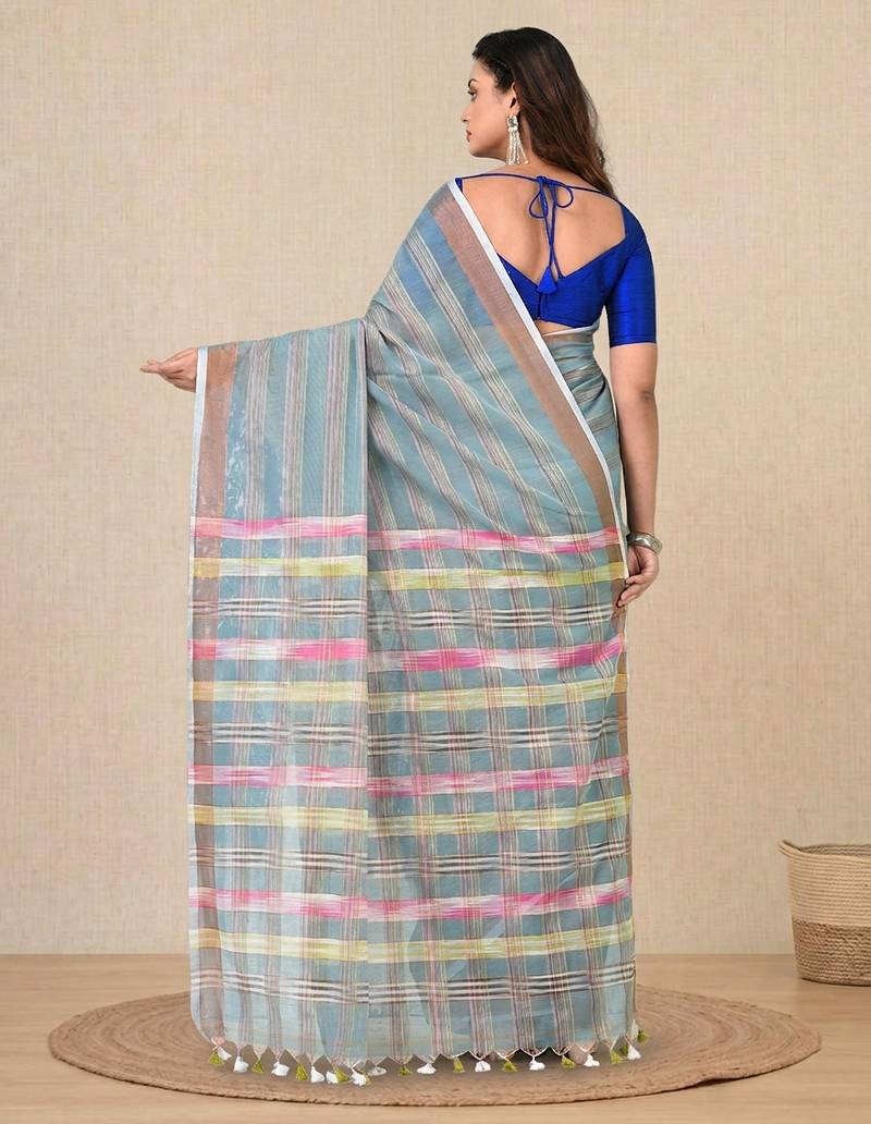 sky blue stripes cotton blend handspun soft saree