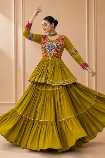 Mustard Cotton Gamthi Work Lehenga Choli with Koti