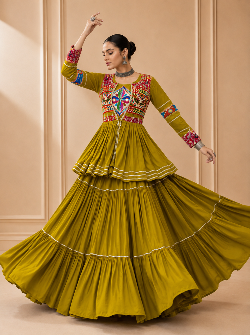 Mustard Cotton Gamthi Work Lehenga Choli with Koti