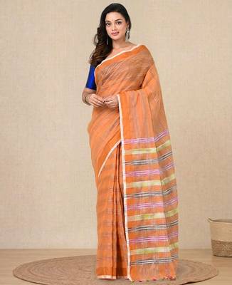 orange stripes cotton blend handspun soft saree 1