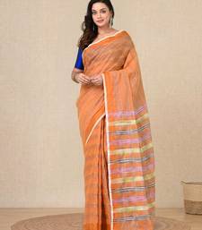 orange stripes cotton blend handspun soft saree