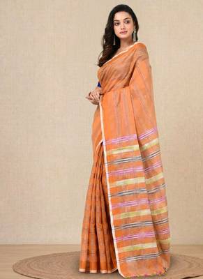 orange stripes cotton blend handspun soft saree 2