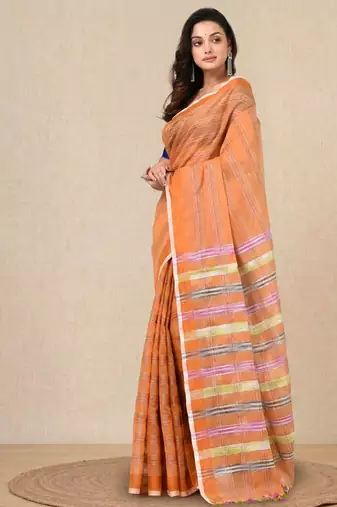 orange stripes cotton blend handspun soft saree