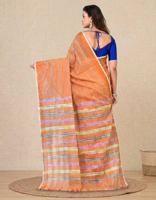 orange stripes cotton blend handspun soft saree 3