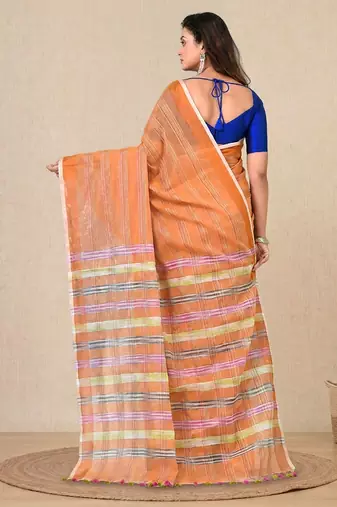 orange stripes cotton blend handspun soft saree