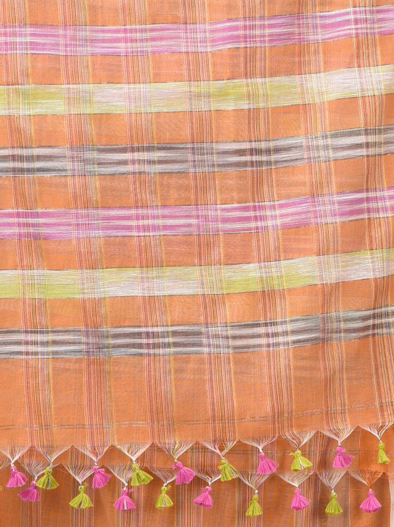 orange stripes cotton blend handspun soft saree