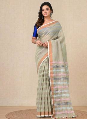 pale green stripes cotton blend handspun soft saree 1
