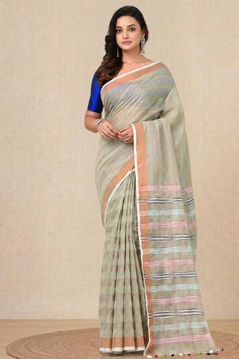pale green stripes cotton blend handspun soft saree