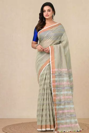 pale green stripes cotton blend handspun soft saree