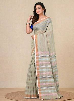 pale green stripes cotton blend handspun soft saree 2