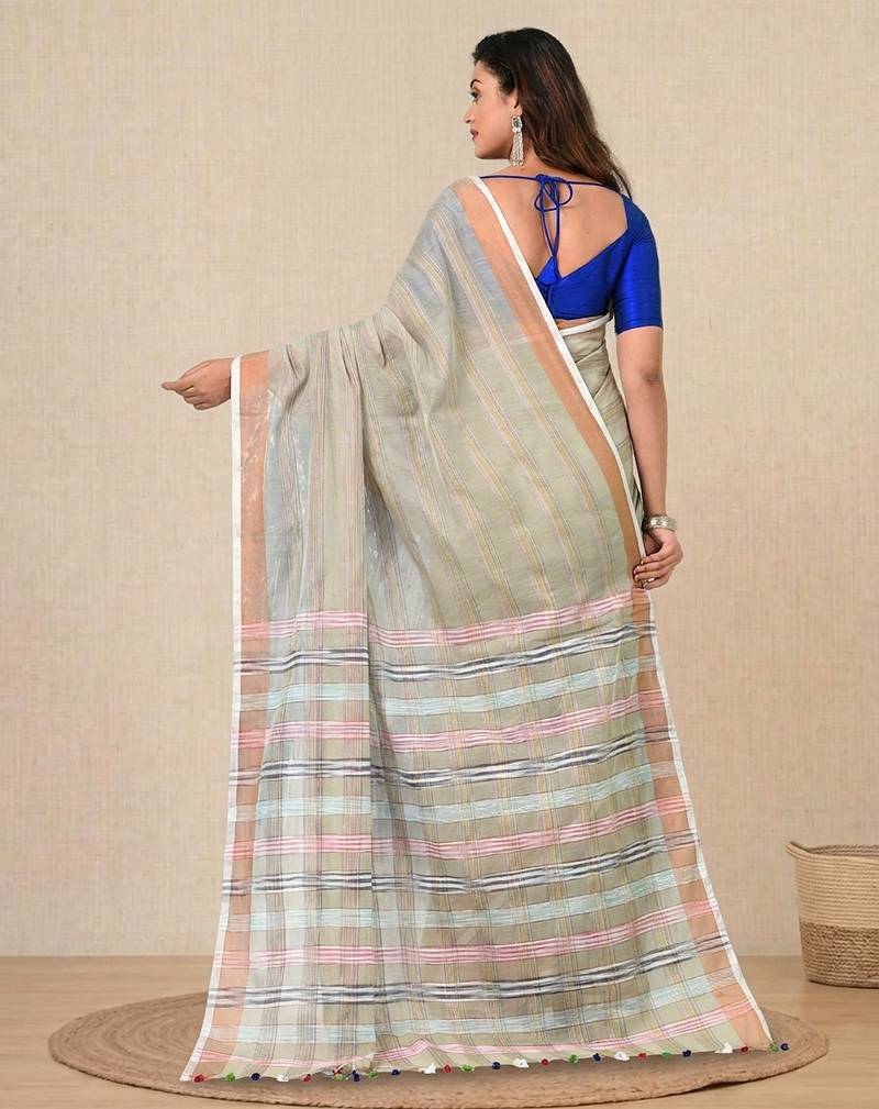 pale green stripes cotton blend handspun soft saree