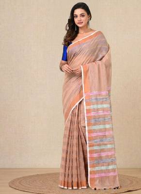 beige stripes cotton blend handspun soft saree 1