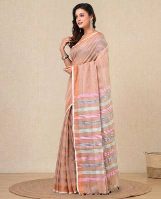 beige stripes cotton blend handspun soft saree 2