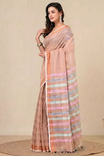 beige stripes cotton blend handspun soft saree