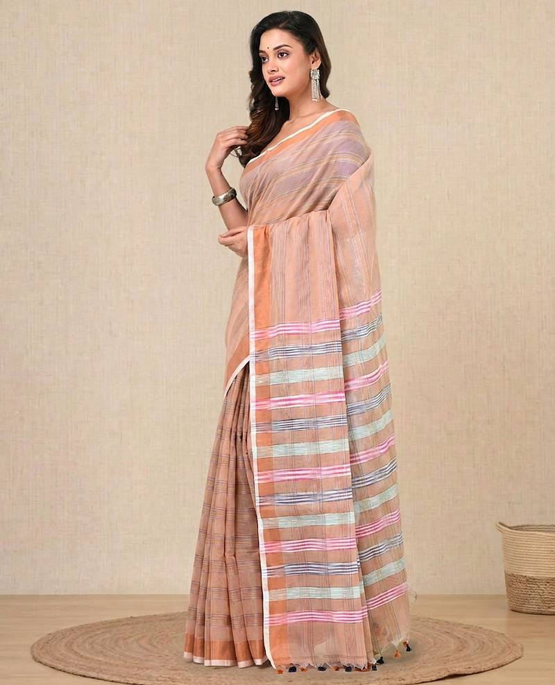 beige stripes cotton blend handspun soft saree