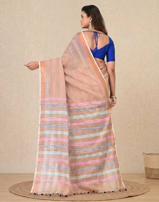 beige stripes cotton blend handspun soft saree 3