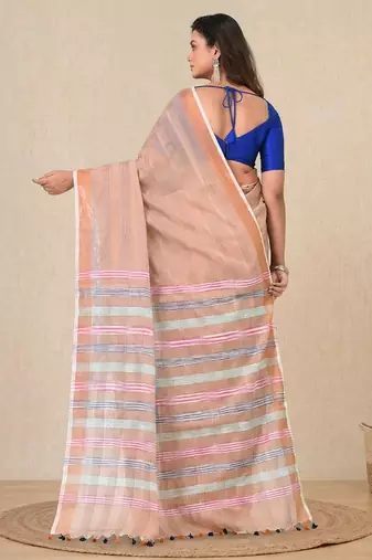 beige stripes cotton blend handspun soft saree