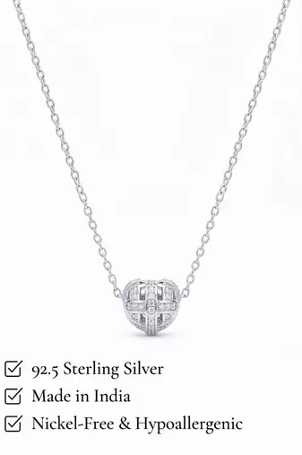 925 Sterling Silver Rhodium Plated Openwork Heart CZ Pendant Necklace Set  for Women